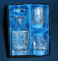 Boxed Mini Decanter set. Irish theme panel design