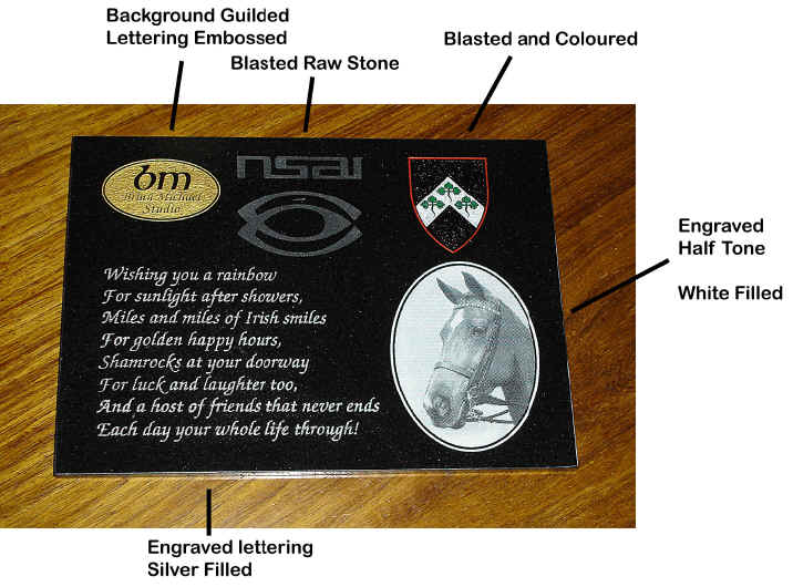 Sample Black Grinite plaque showing various engraving styles and as an example of the fine detail achieved.